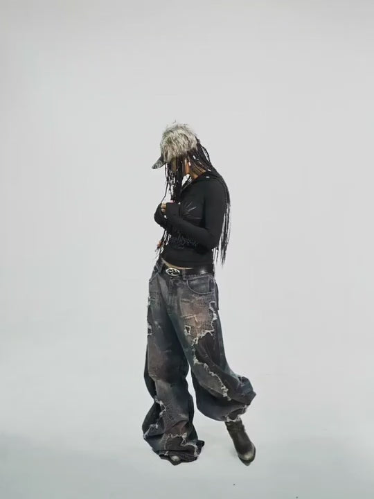 Shattered Patchwork Wide-Leg Denim Pants
