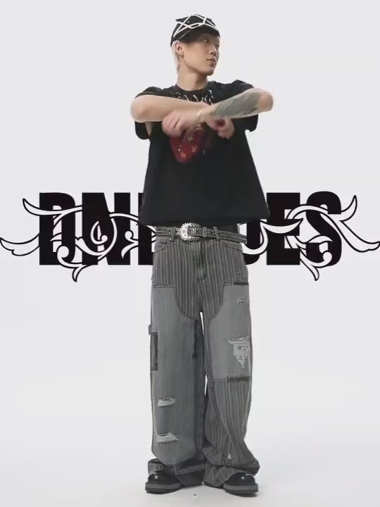 Rework Style Pinstripe Patch Wide Pants