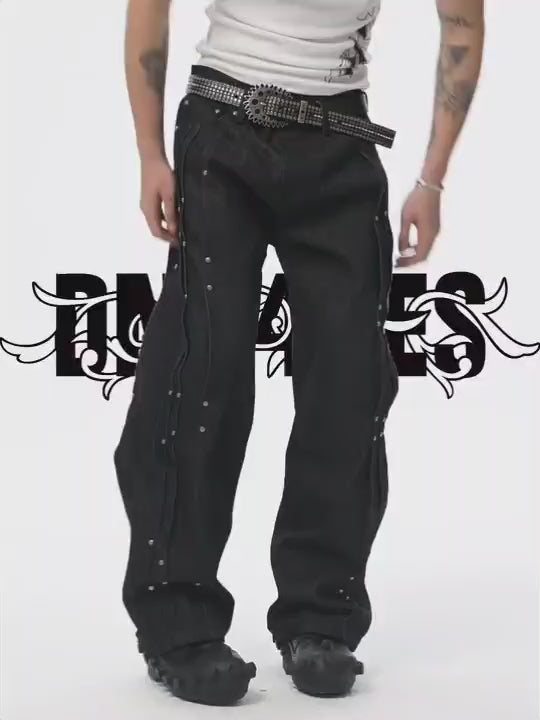 Industrial Rivet Line Wide Black Pants