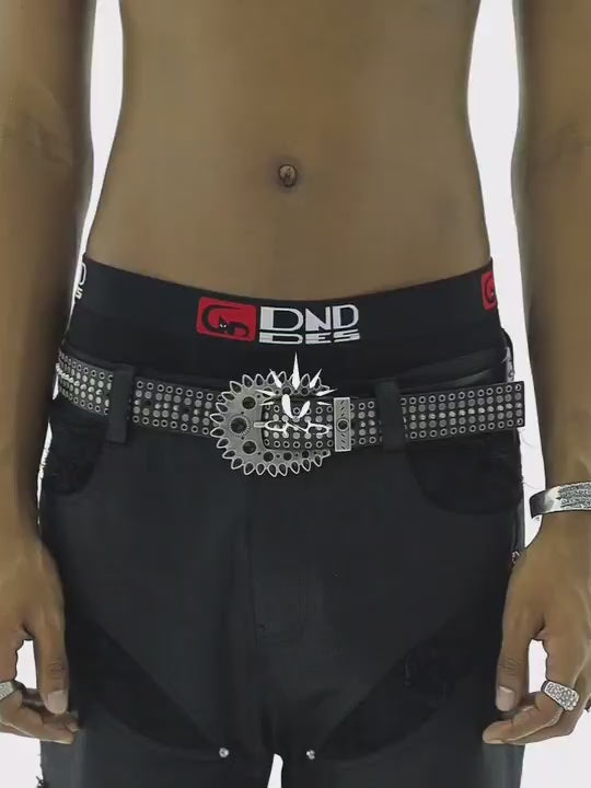 Gear Buckle Studded Leather Belt